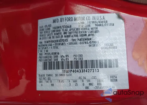 2003 Ford Mustang from USA, damaged, VIN 1FAFP40433F427213